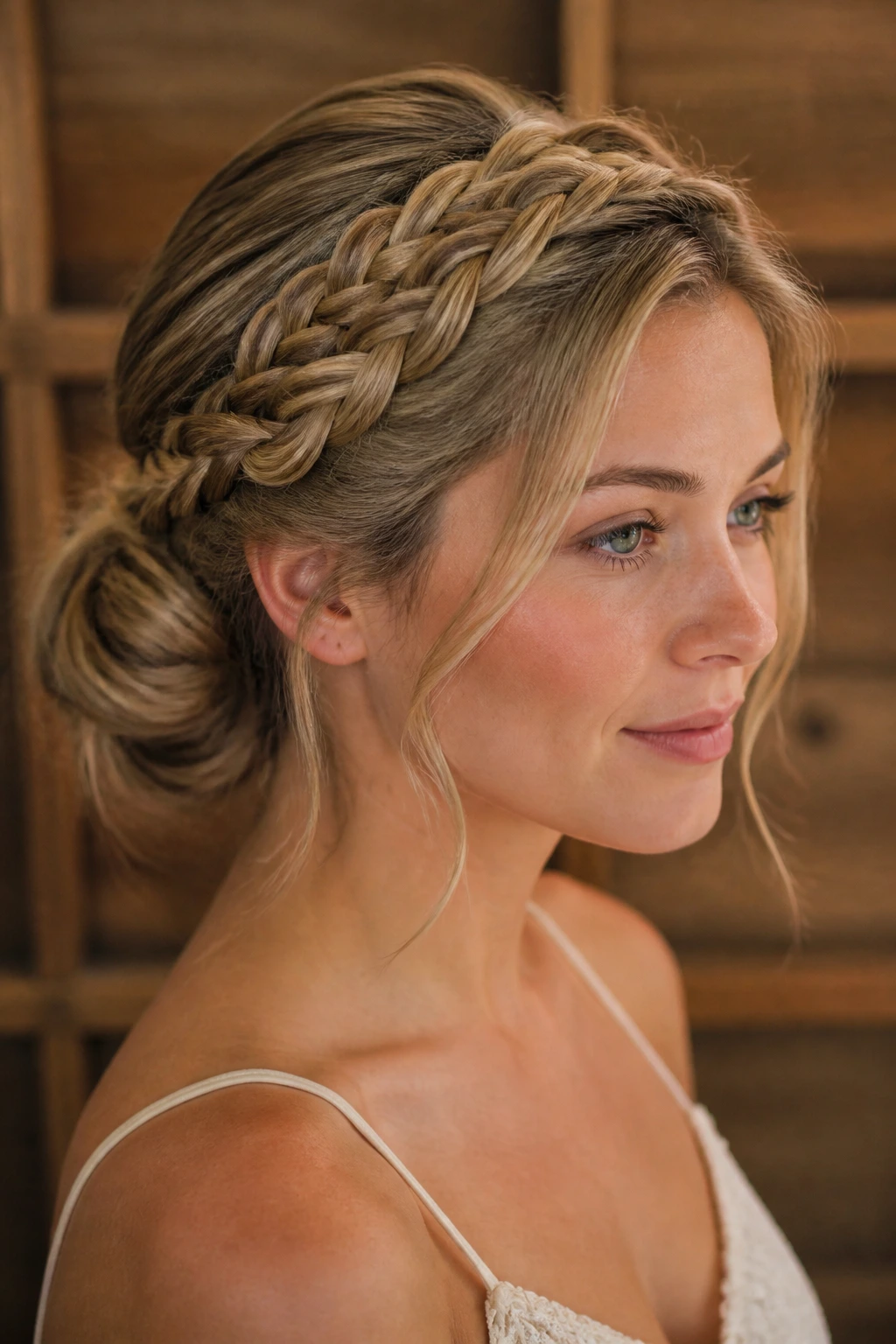 Close-up of braided crown and low bun on a real woman.