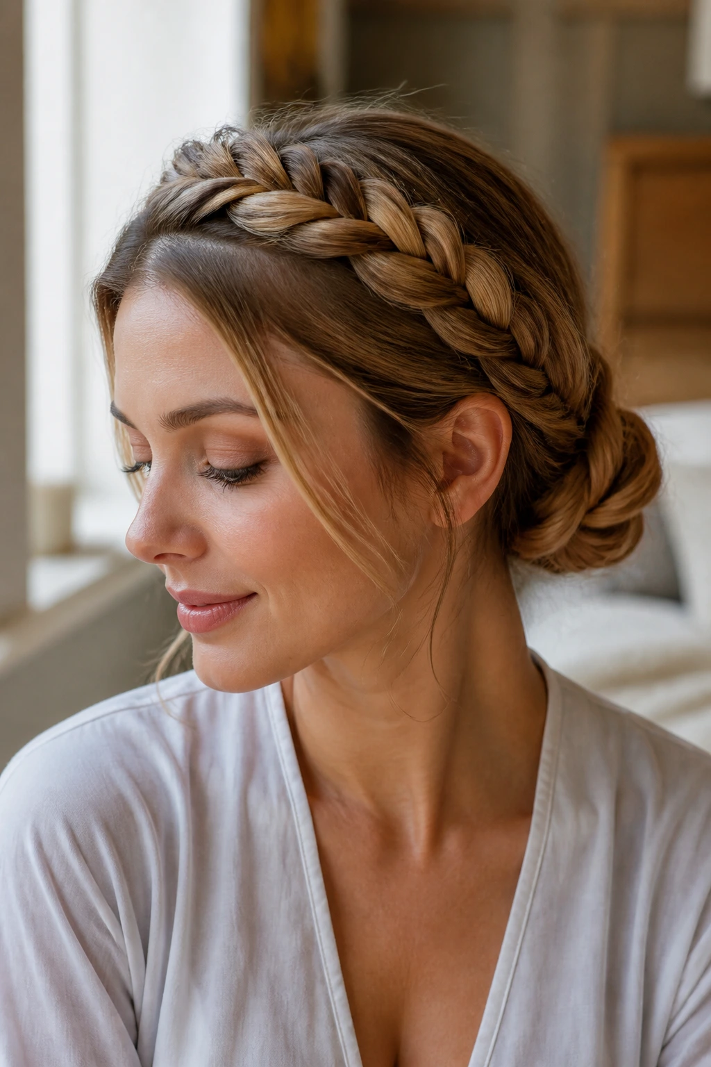Close-up of a real woman wearing a braided crown with a low bun at the nape, soft window light