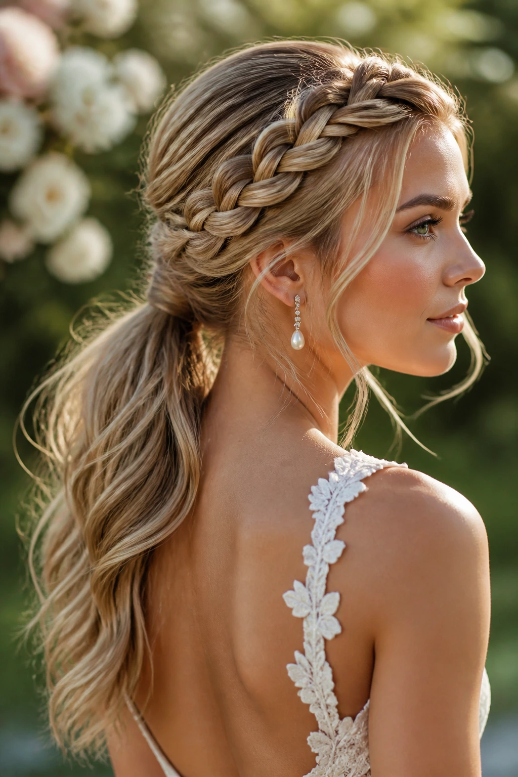 Close-up bride with braided crown flowing into low ponytail in outdoor garden light