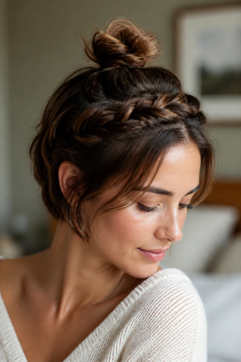 Close-up of a real woman with a braided crown framing a tiny bun at the crown.