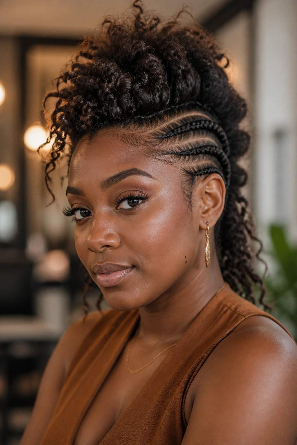 Real woman with braided crown mohawk and loose ends, portrait shot