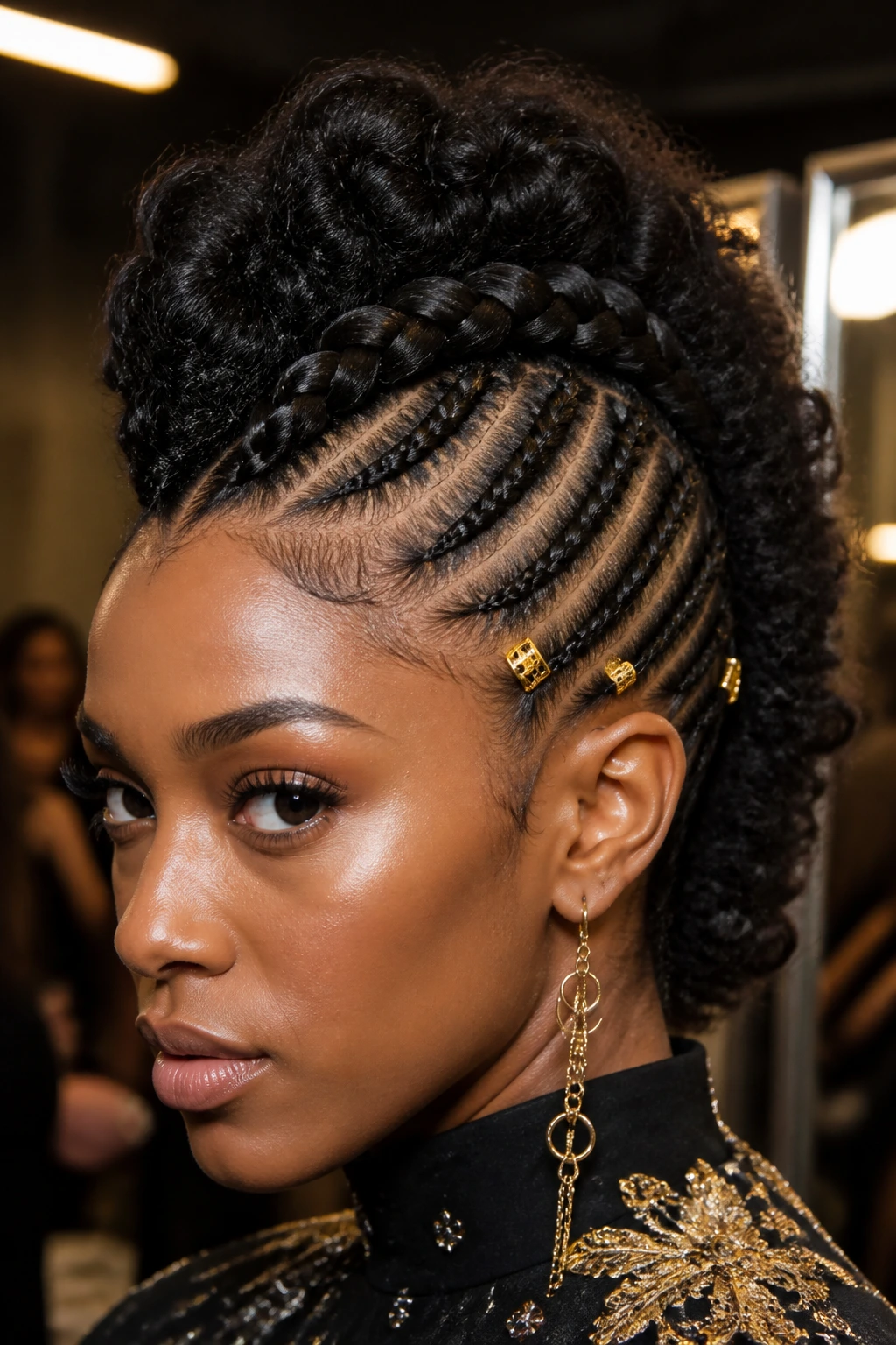 Real woman with braided crown mohawk and temple cuffs