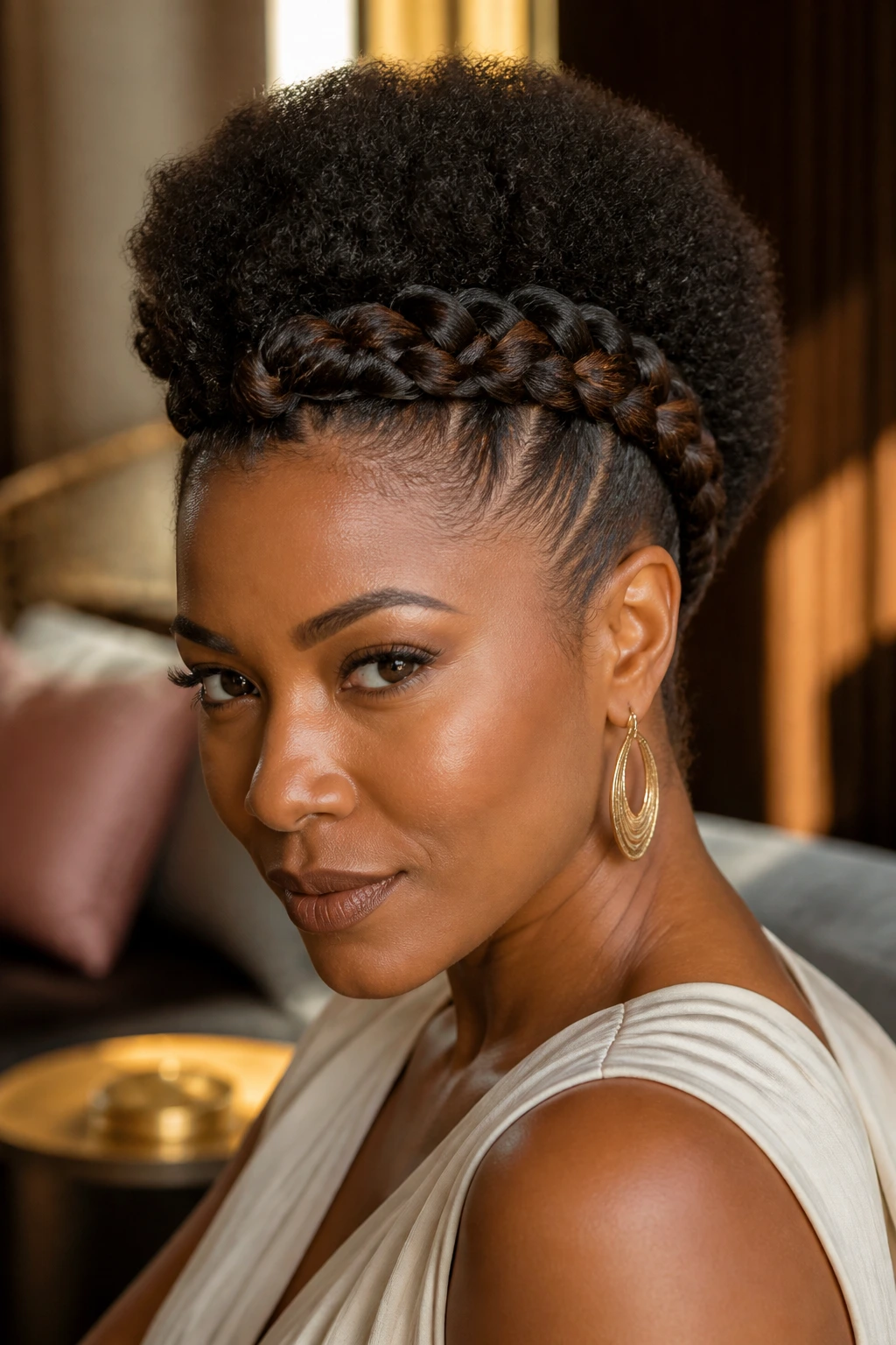Real woman with braided crown mohawk halo braid