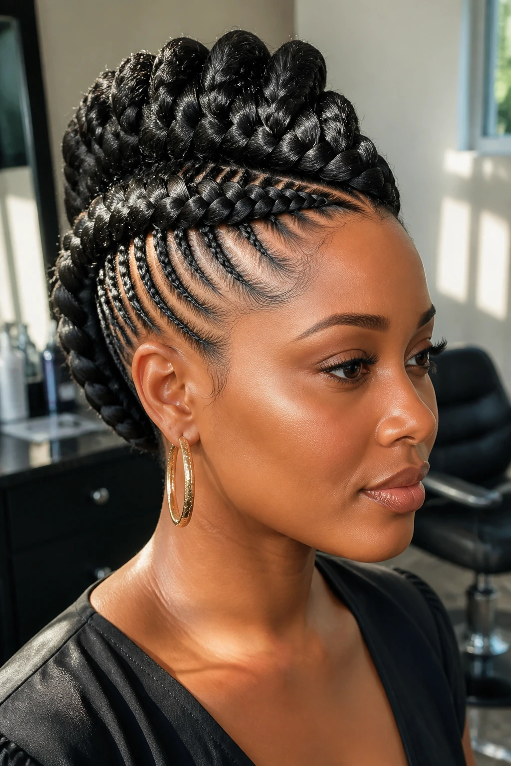 Close-up of Braided Crown Mohawk on a real Black woman with crown braid circling head