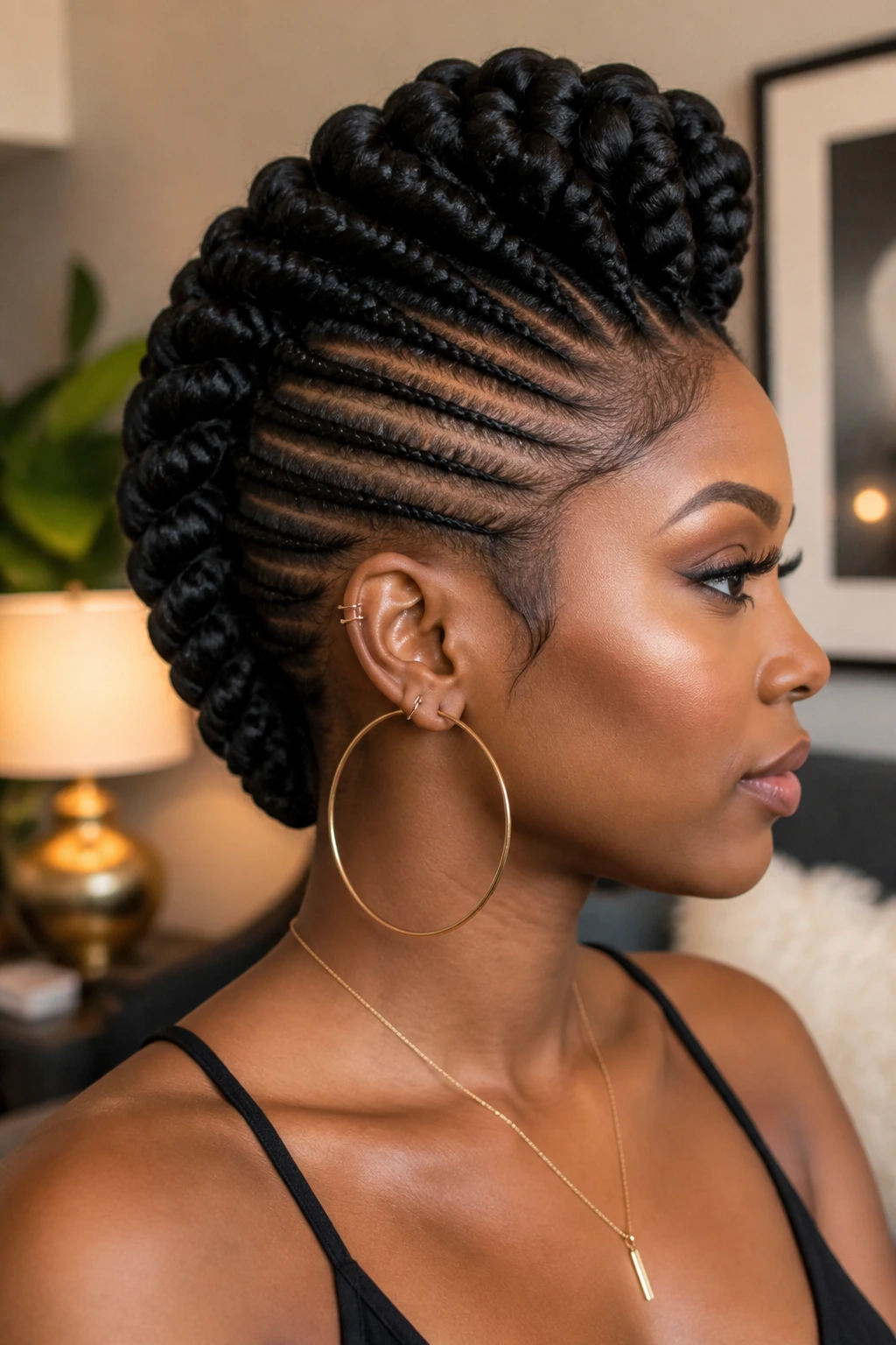Portrait of a Black woman with braided crown mohawk and side braids