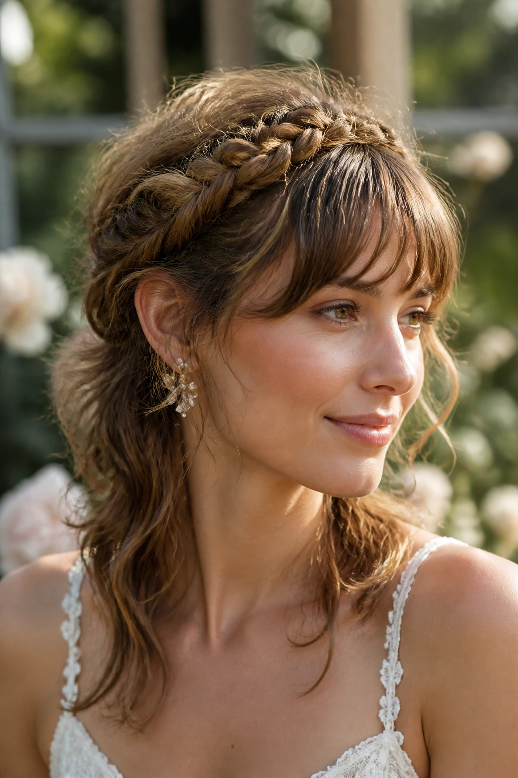 Bride wearing braided crown bridal mullet, crown braid across the top and long back flowing