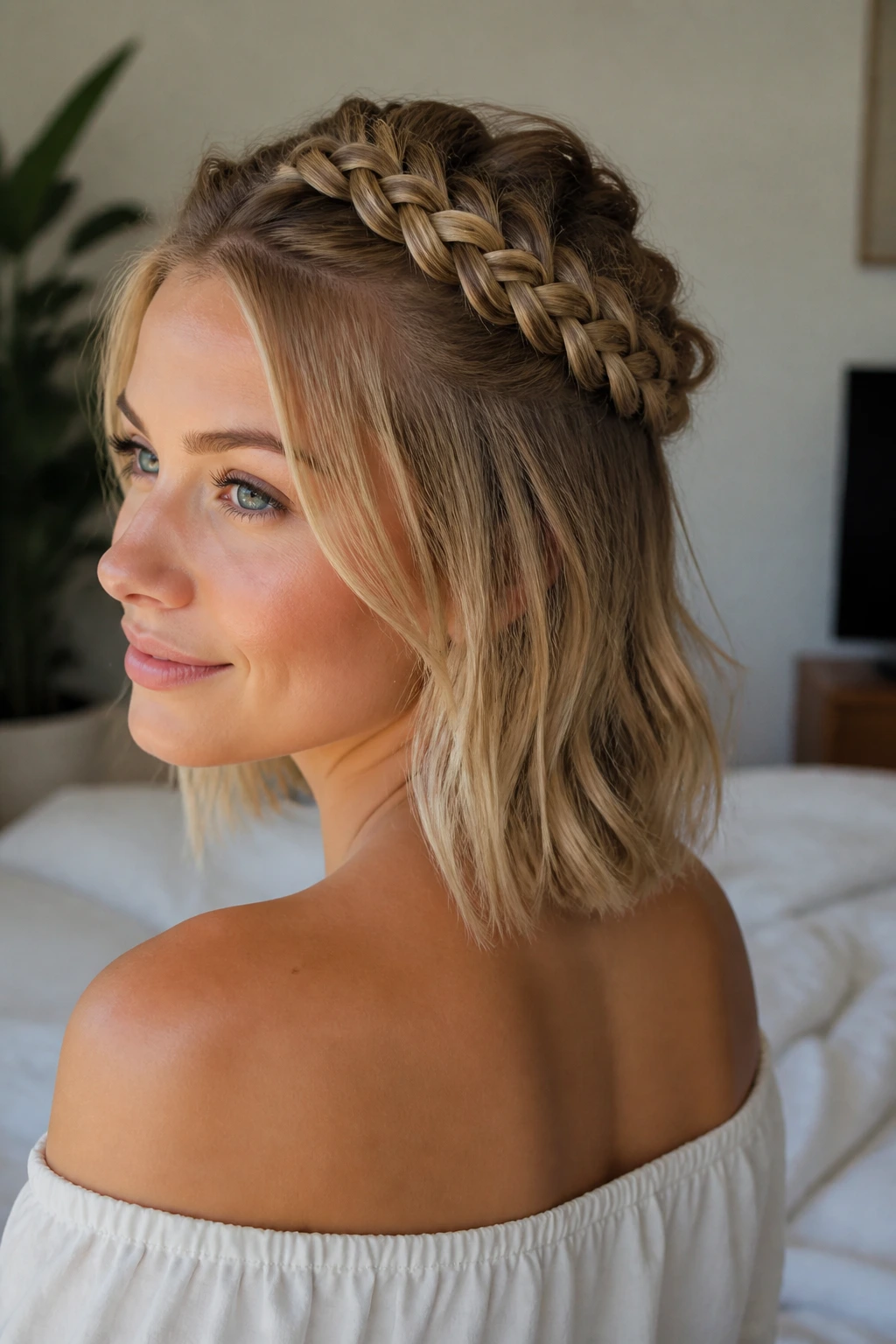 Close-up of braided crown with open back length on real woman