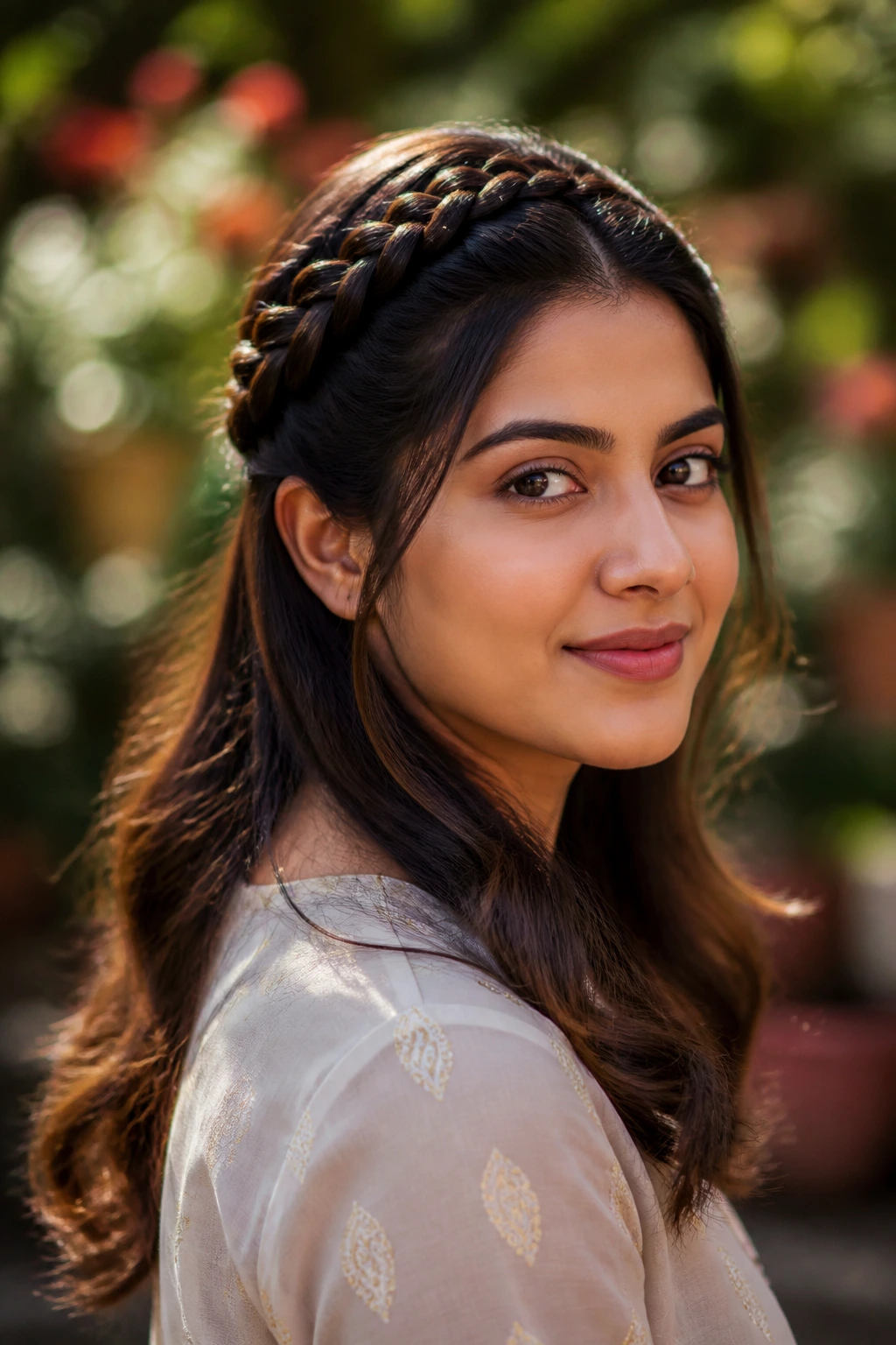 Close-up of a woman wearing a crown braid with open ends in golden hour outdoor light