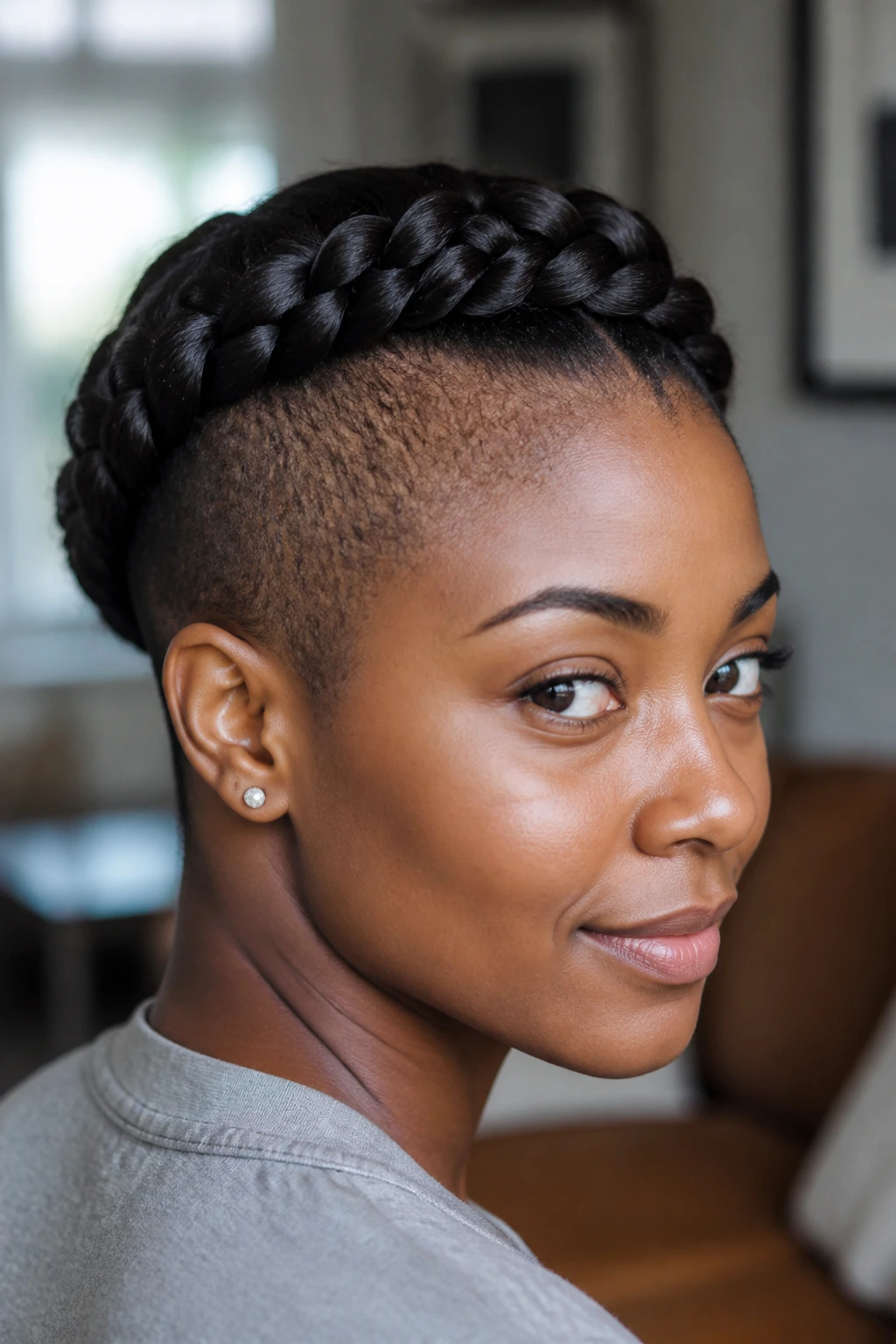 Portrait of a real person with a braided crown and open sides