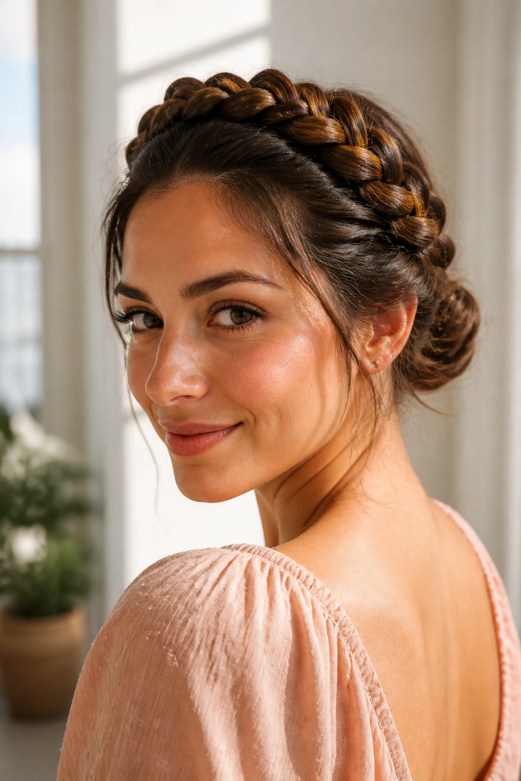 Real woman with braided crown pinned back in a bright room