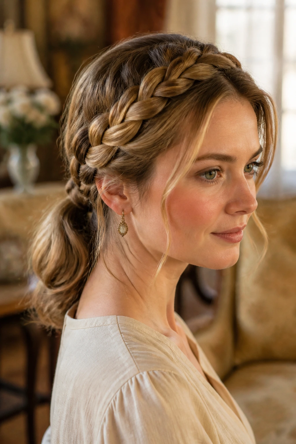 Close-up of a woman with braided crown feeding into a ponytail in soft light