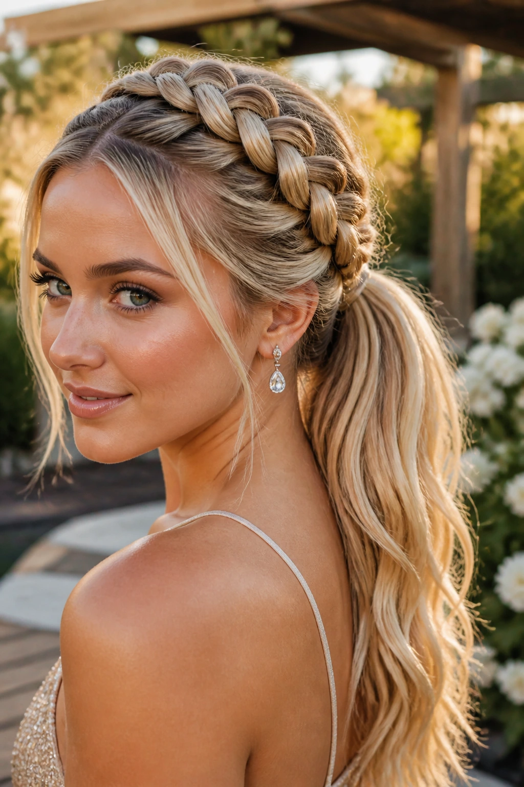 Real person with braided crown woven into a ponytail