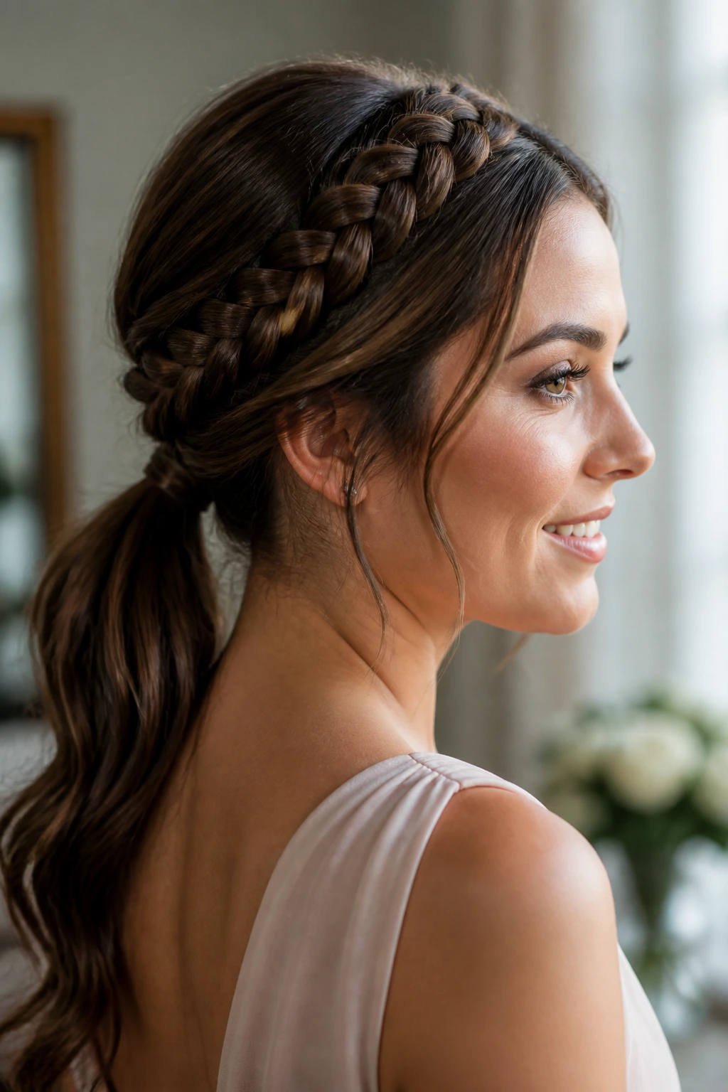 Real woman with braided crown flowing into low ponytail
