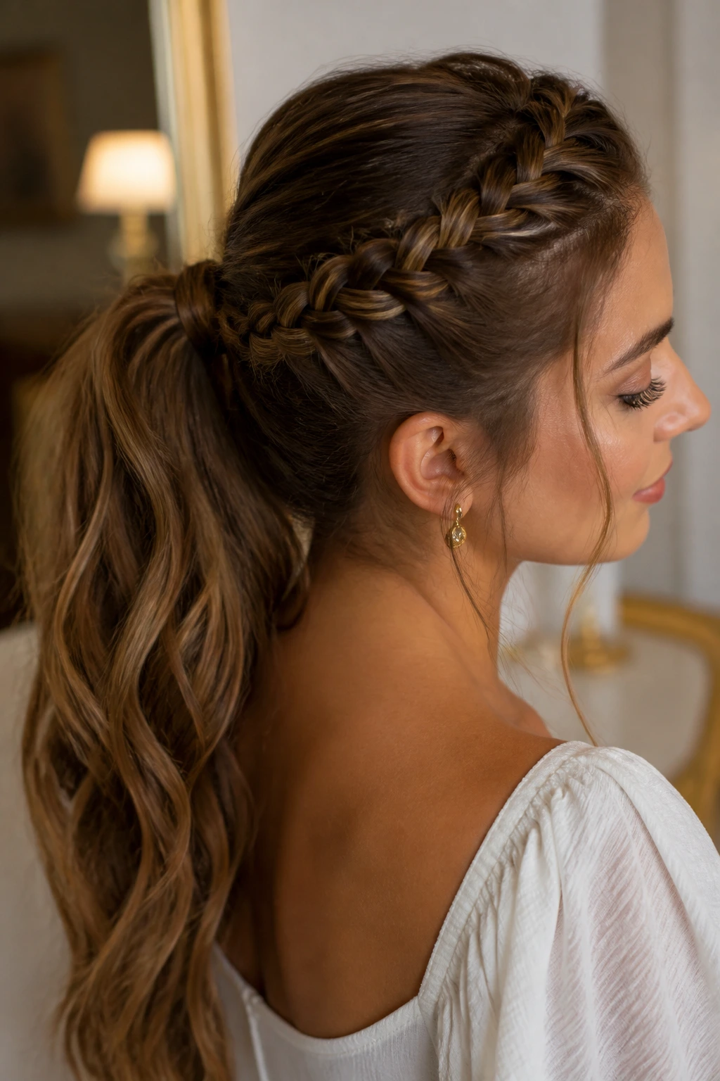 Real woman's head with a loose braid along the hairline feeding into a ponytail.