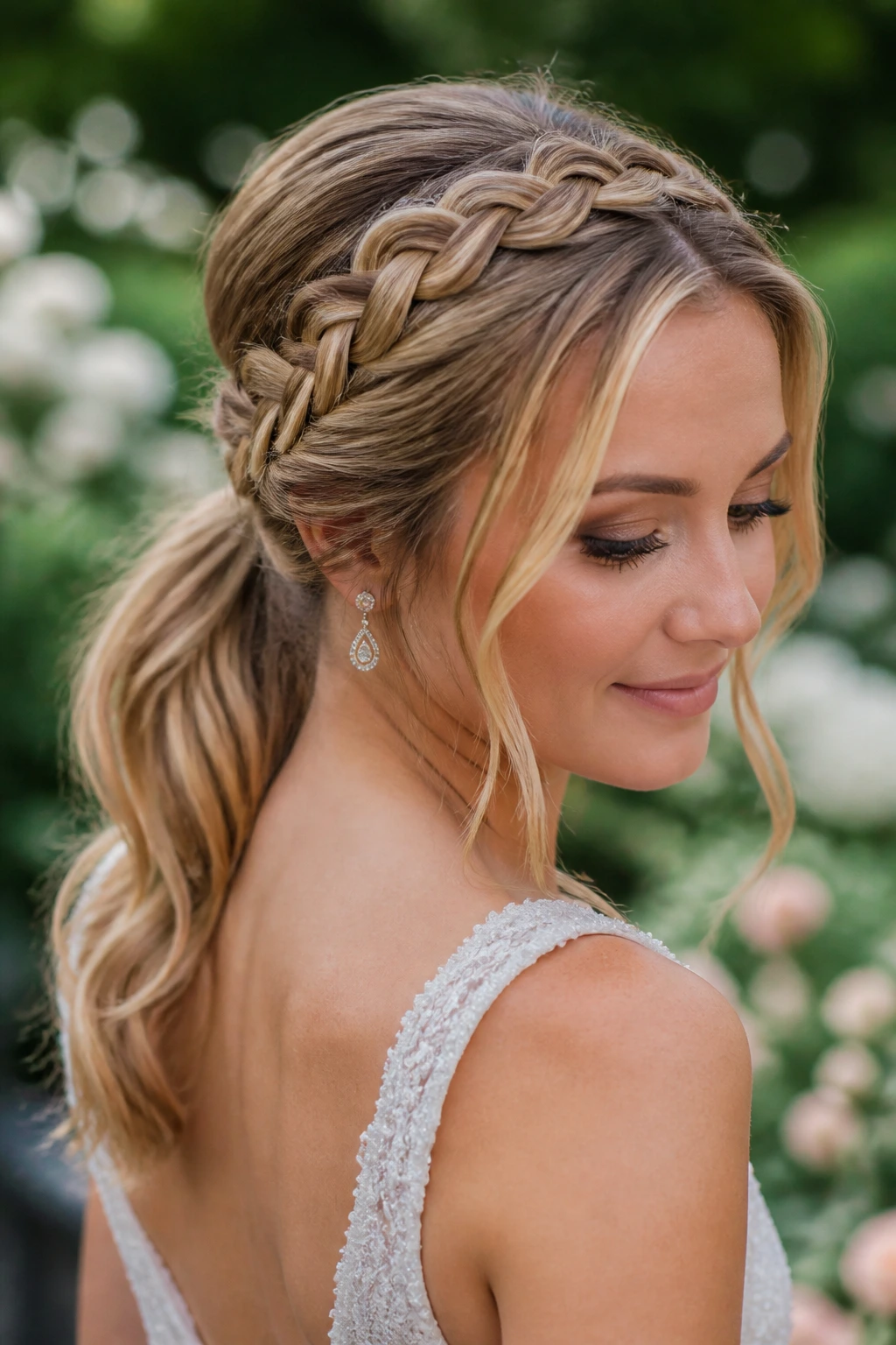 Real bride with braided crown flowing into a low ponytail