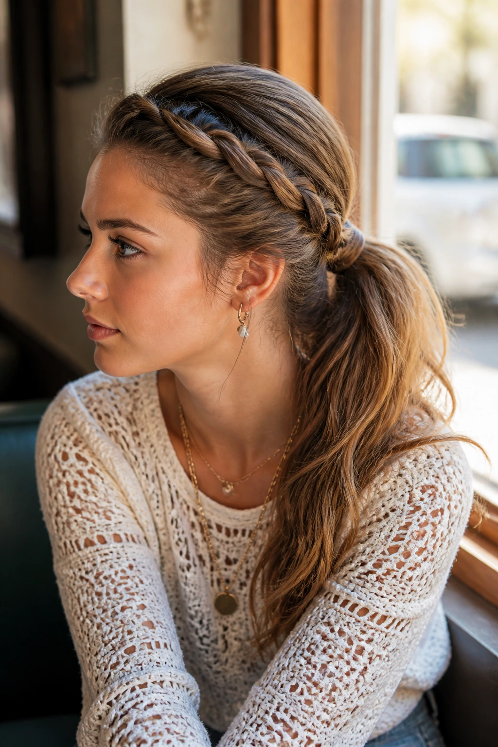 Close-up of a real woman with a braided crown feeding into a ponytail in a retro festival style