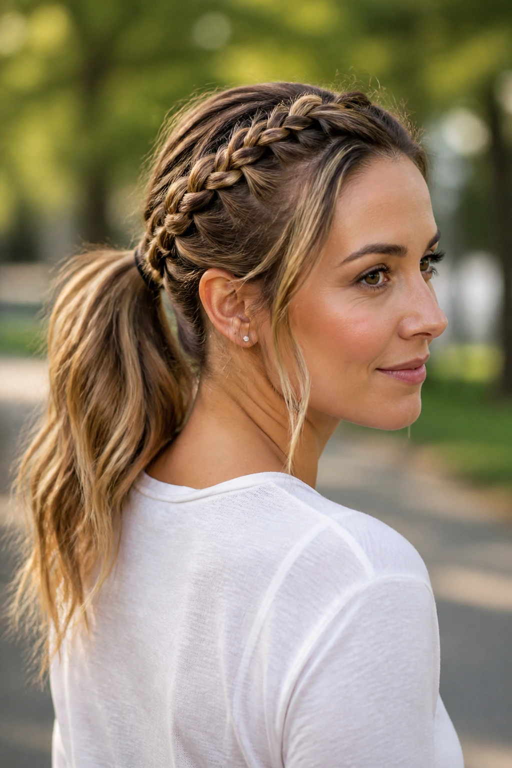 Three-quarter view of a real woman with braided crown and ponytail