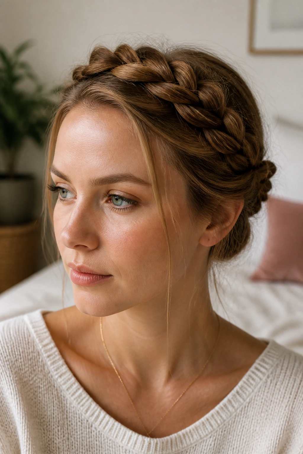 Close-up portrait of a real woman with a soft, low braided crown wrapping around her head