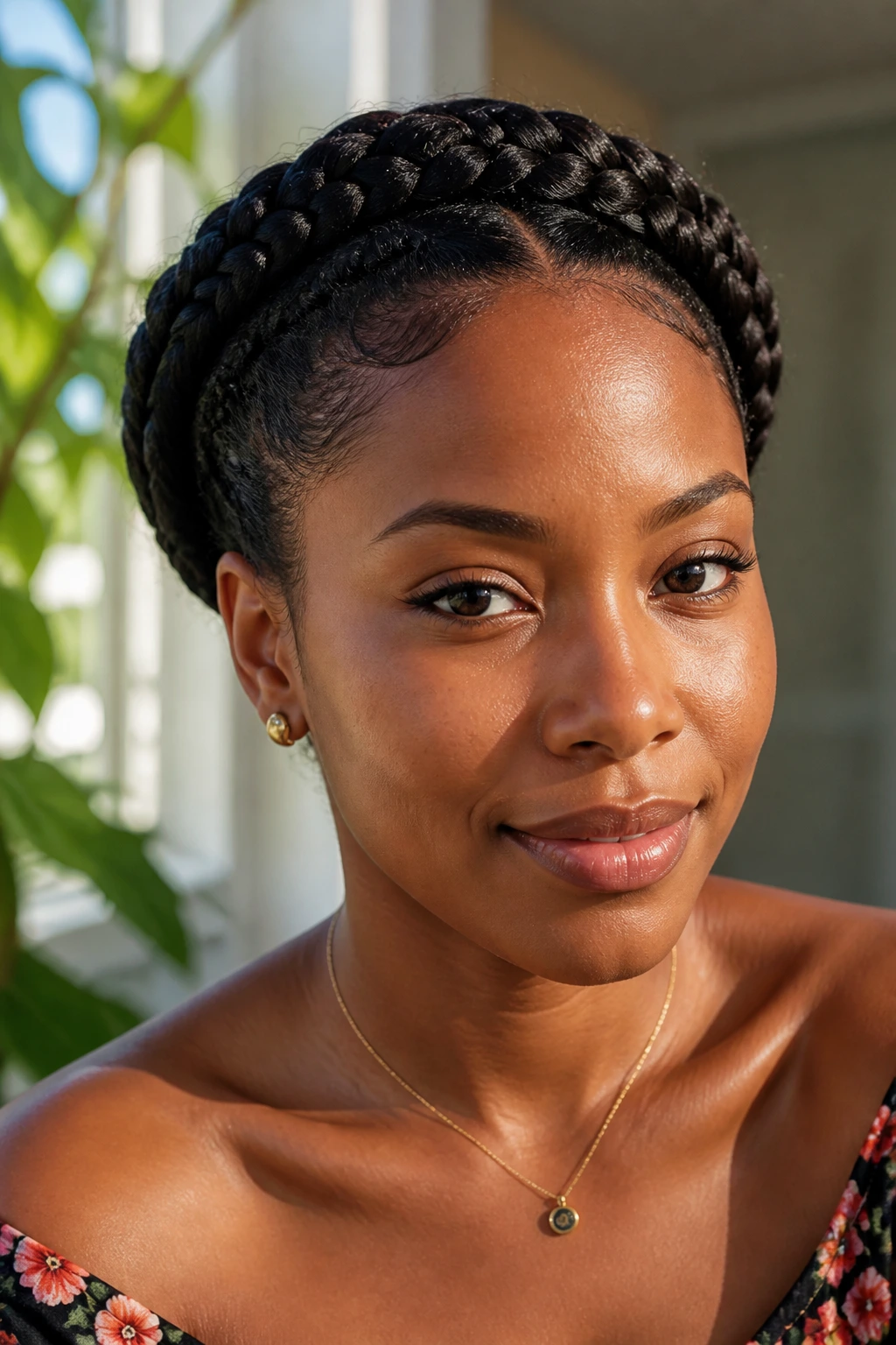 Close-up portrait of a real woman with a fresh braided crown, natural daylight