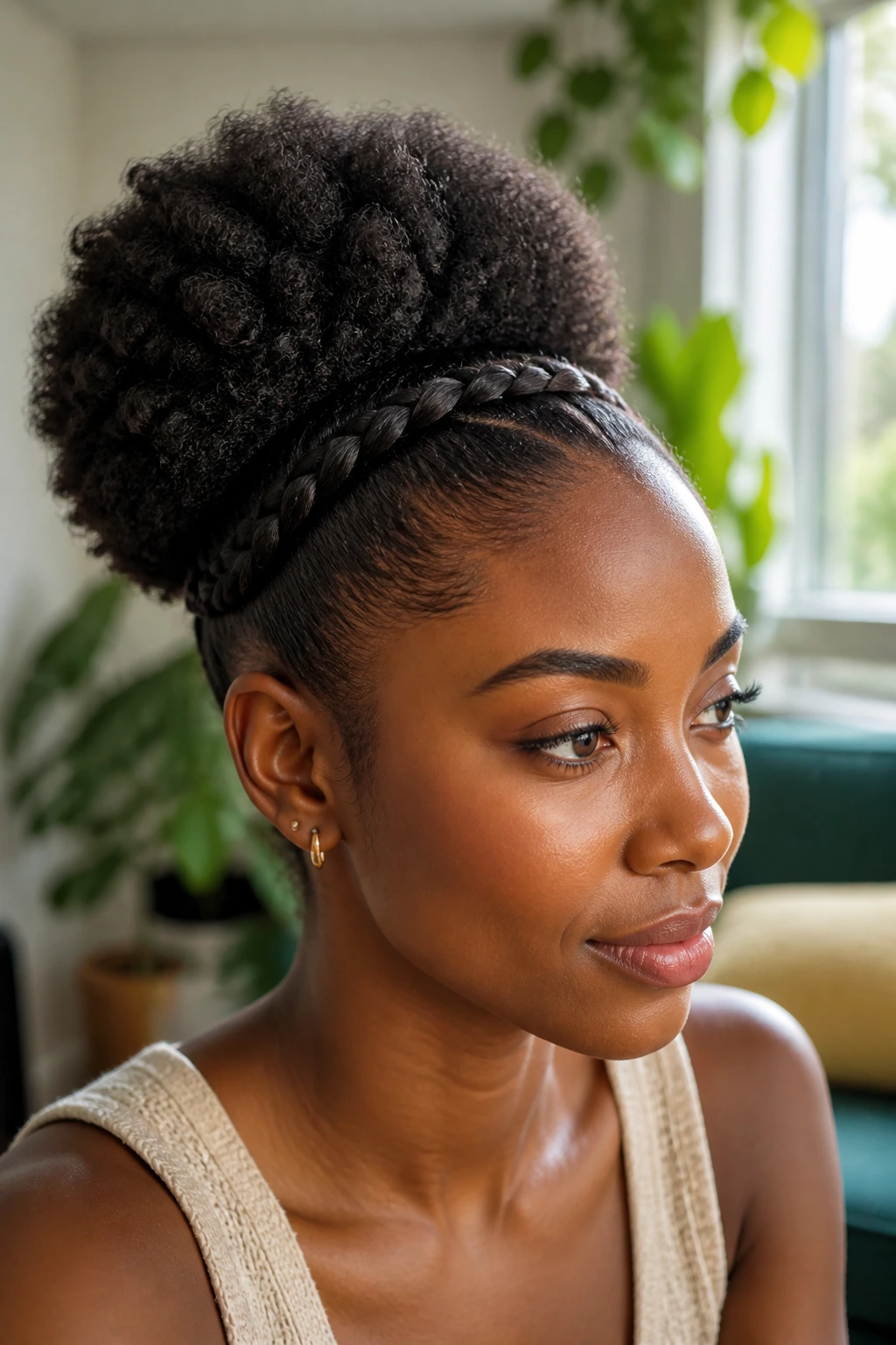 Real woman wearing a braided crown at the hairline with a puff behind.