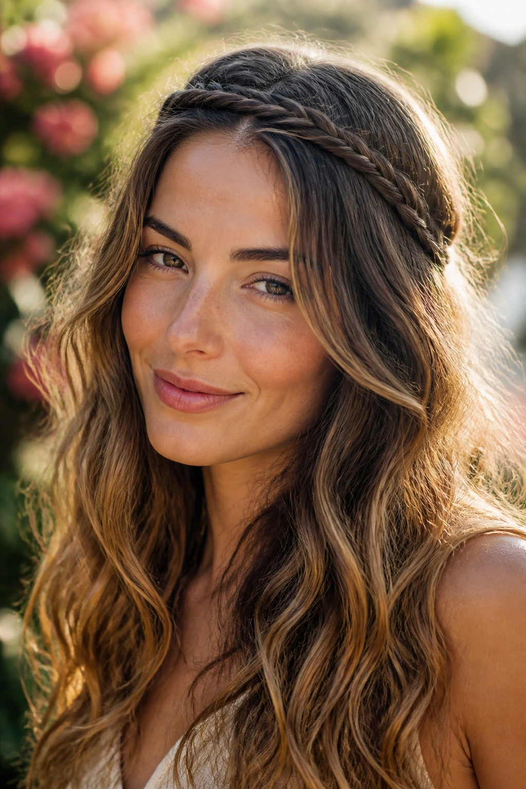 Close-up of a real woman with crown braid and ripple waves