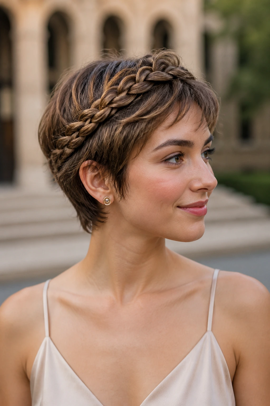 Close-up of a real person with a braided crown on short layers for graduation