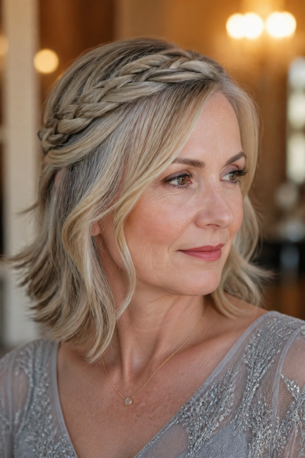 Real woman with shoulder-length hair styled in a crown braid around the head.