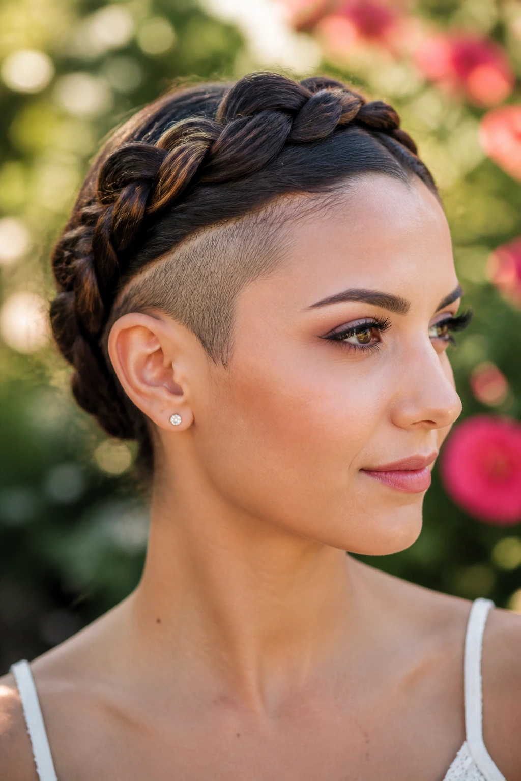 Portrait of a real woman with braided crown and peekaboo shaved side.