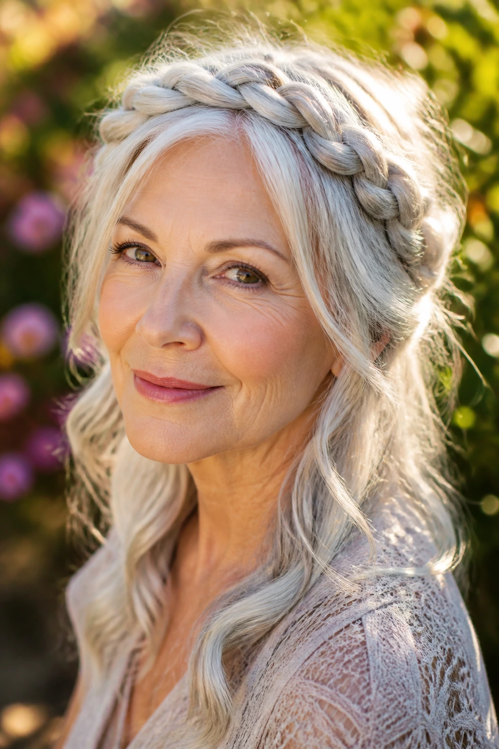 Close-up of a real woman with a loose braided crown on silver hair
