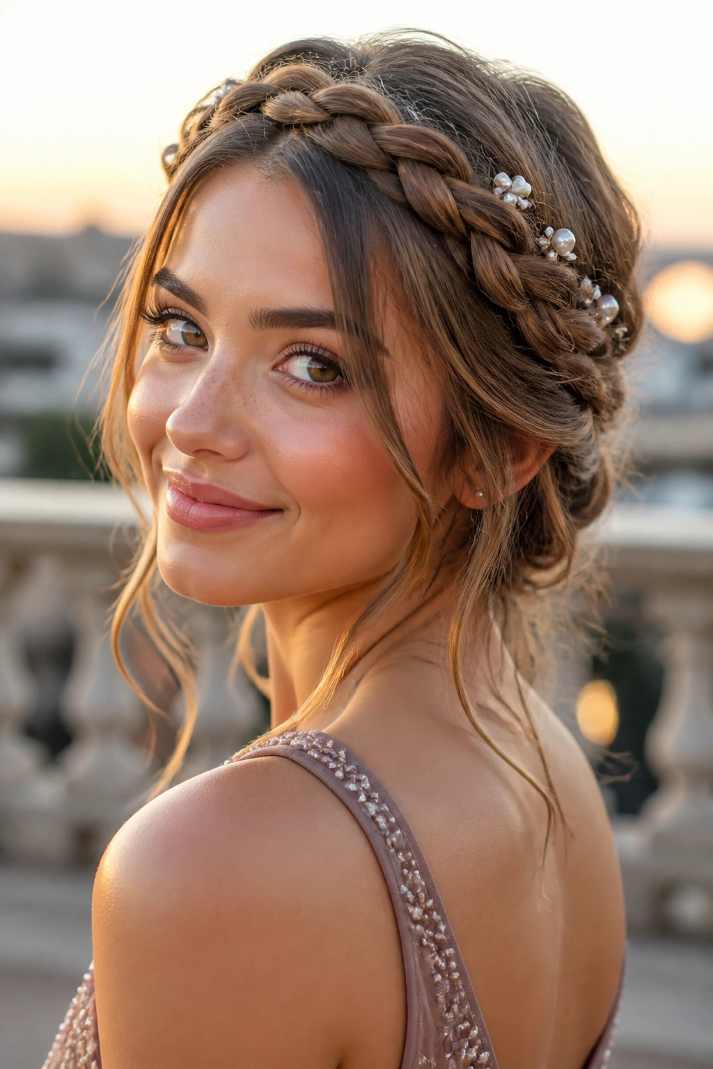 Close-up of a real woman wearing a braided crown with soft ends and pearl pins