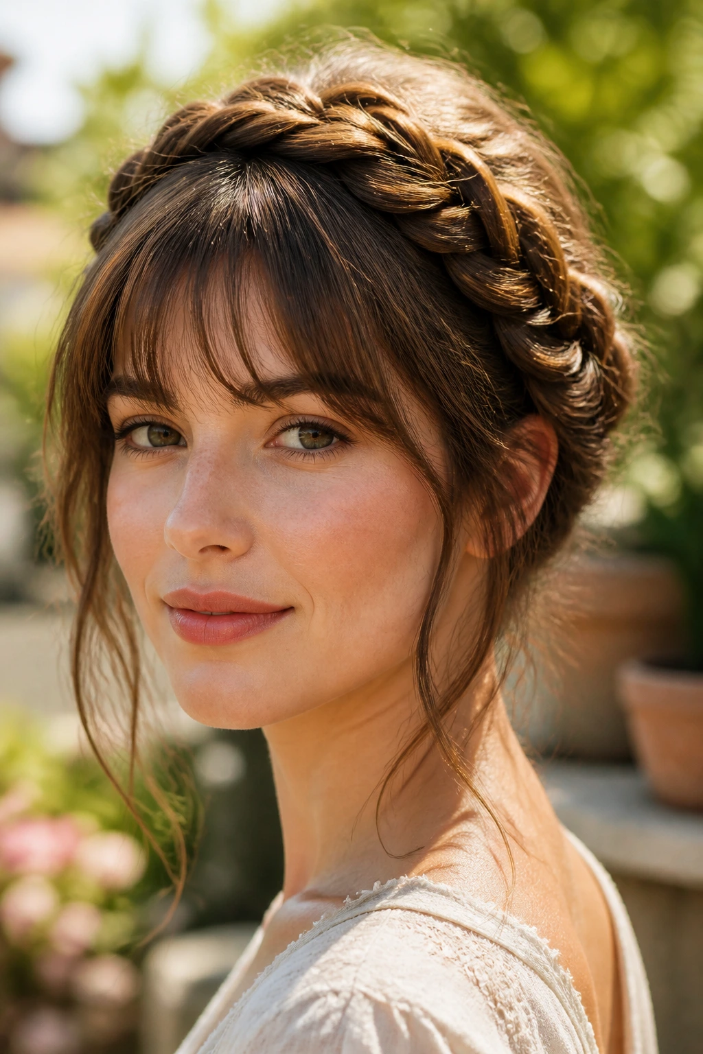 Close-up of a woman with a braided crown and soft fringe.