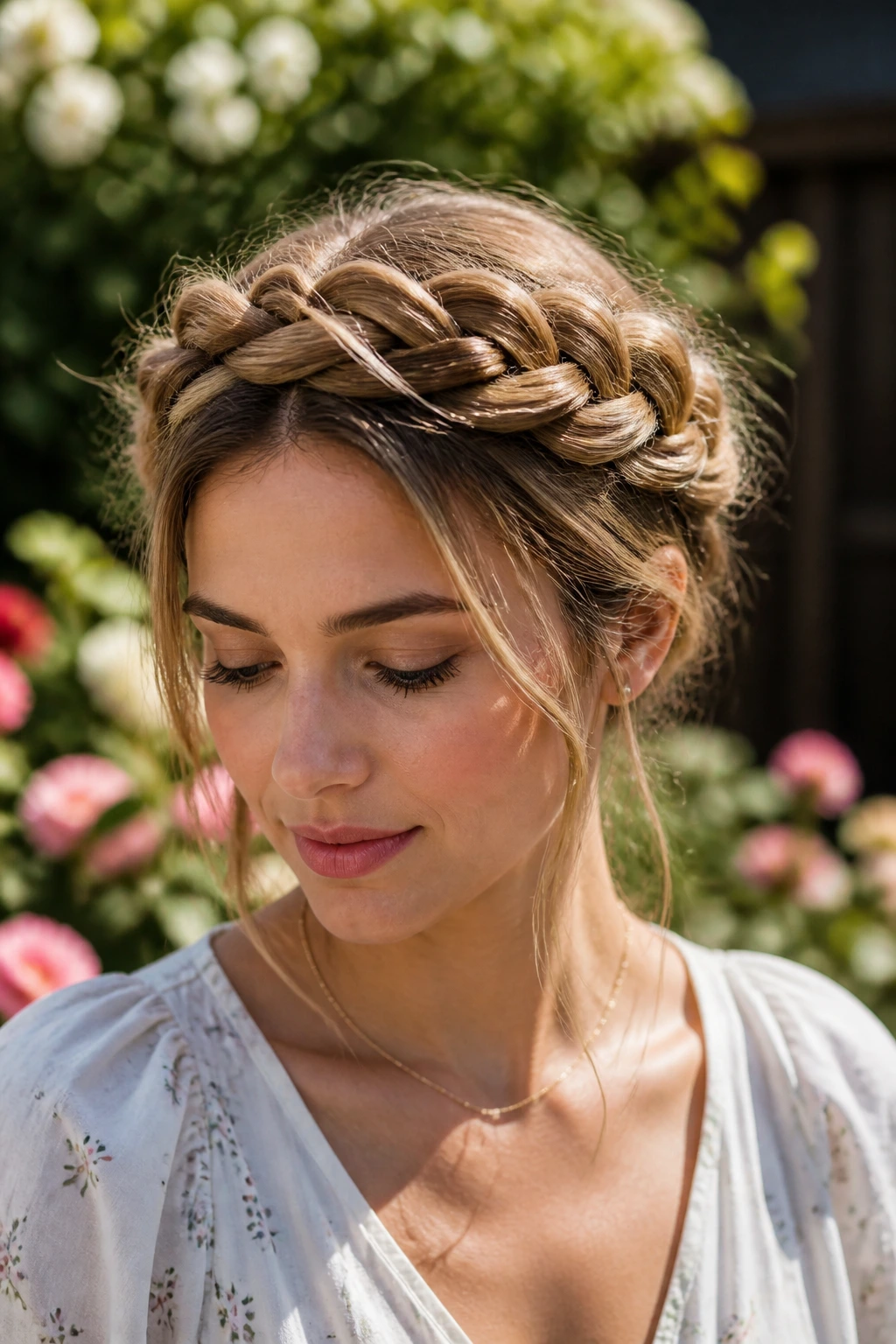 Close-up of a real woman with braided crown and soft pulls in garden light