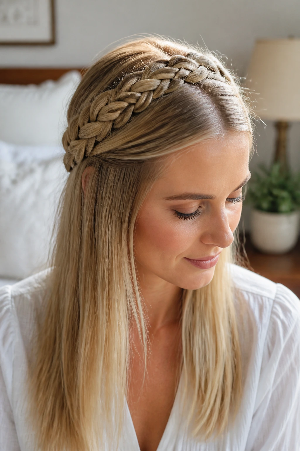 Real woman with braided crown across the head on straight hair