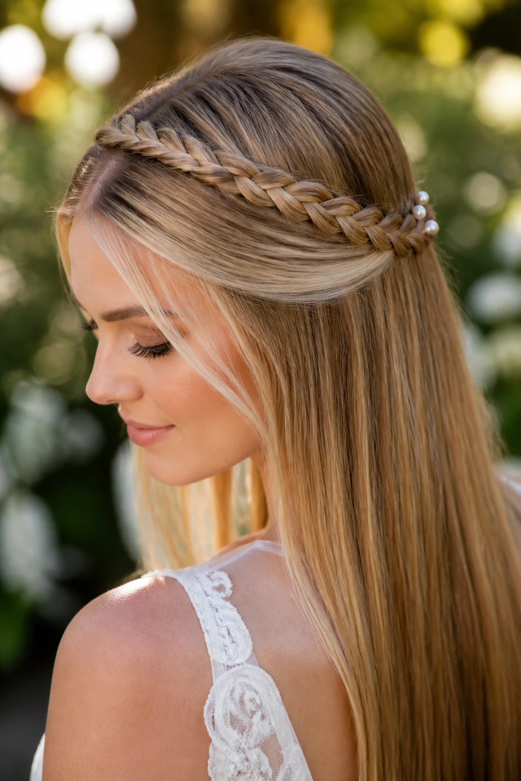 Close-up of a real bride wearing a braided crown over straight lengths.