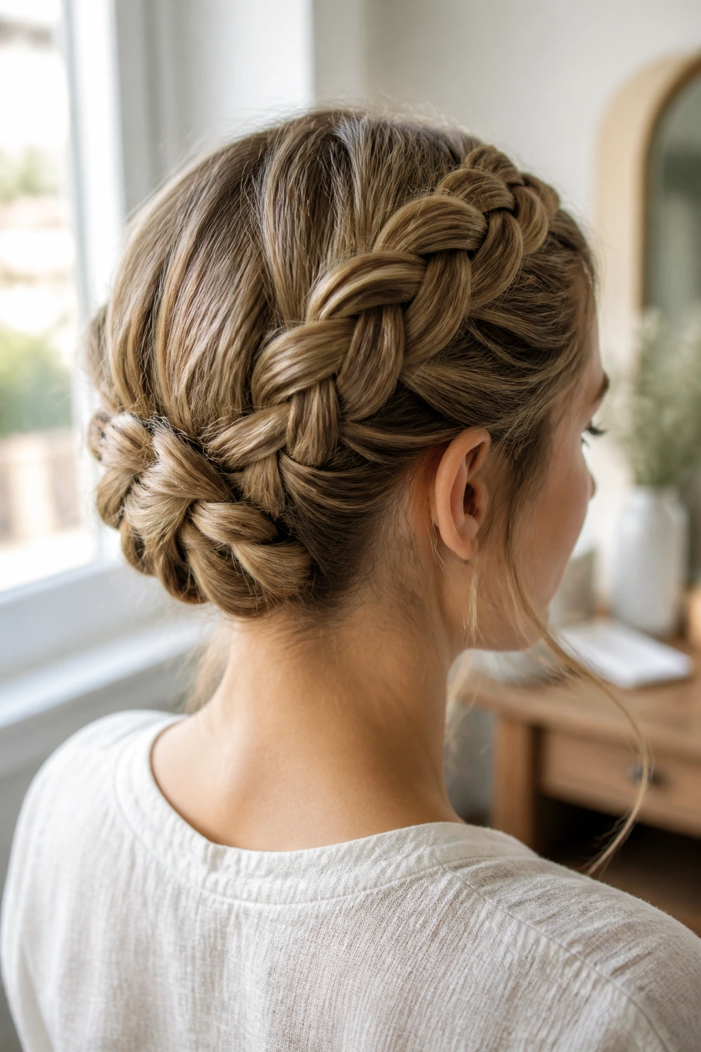 Close-up of a real woman with braided crown tuck hairstyle at the back