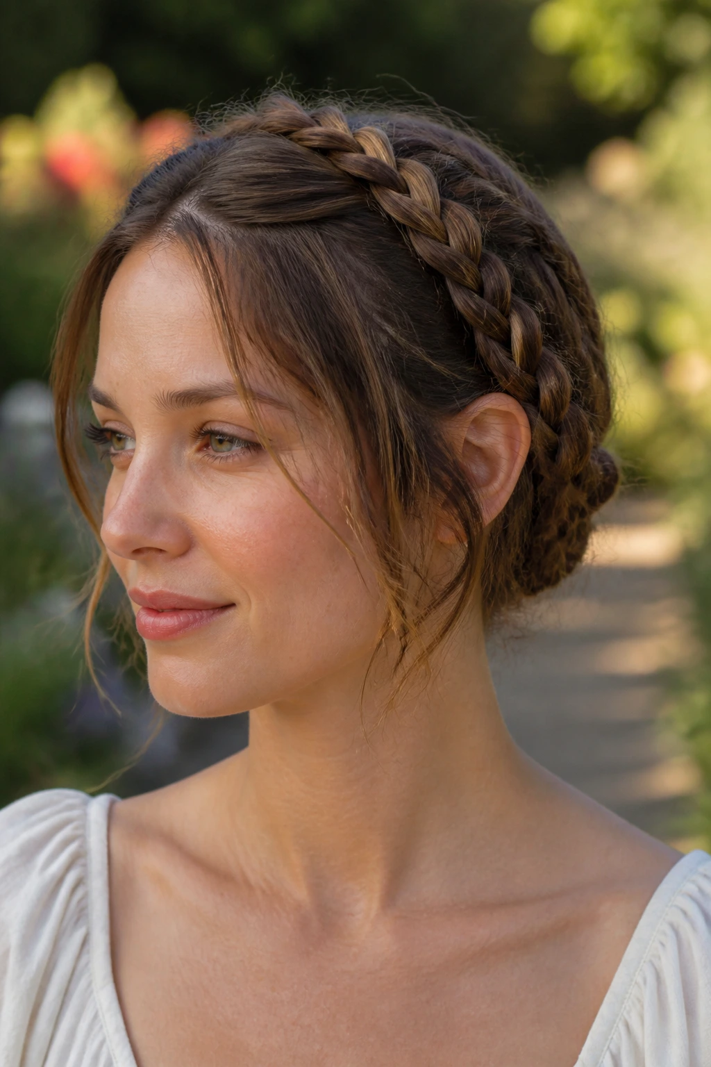 Close-up of a real woman wearing a braided crown with tucked ends outdoors.