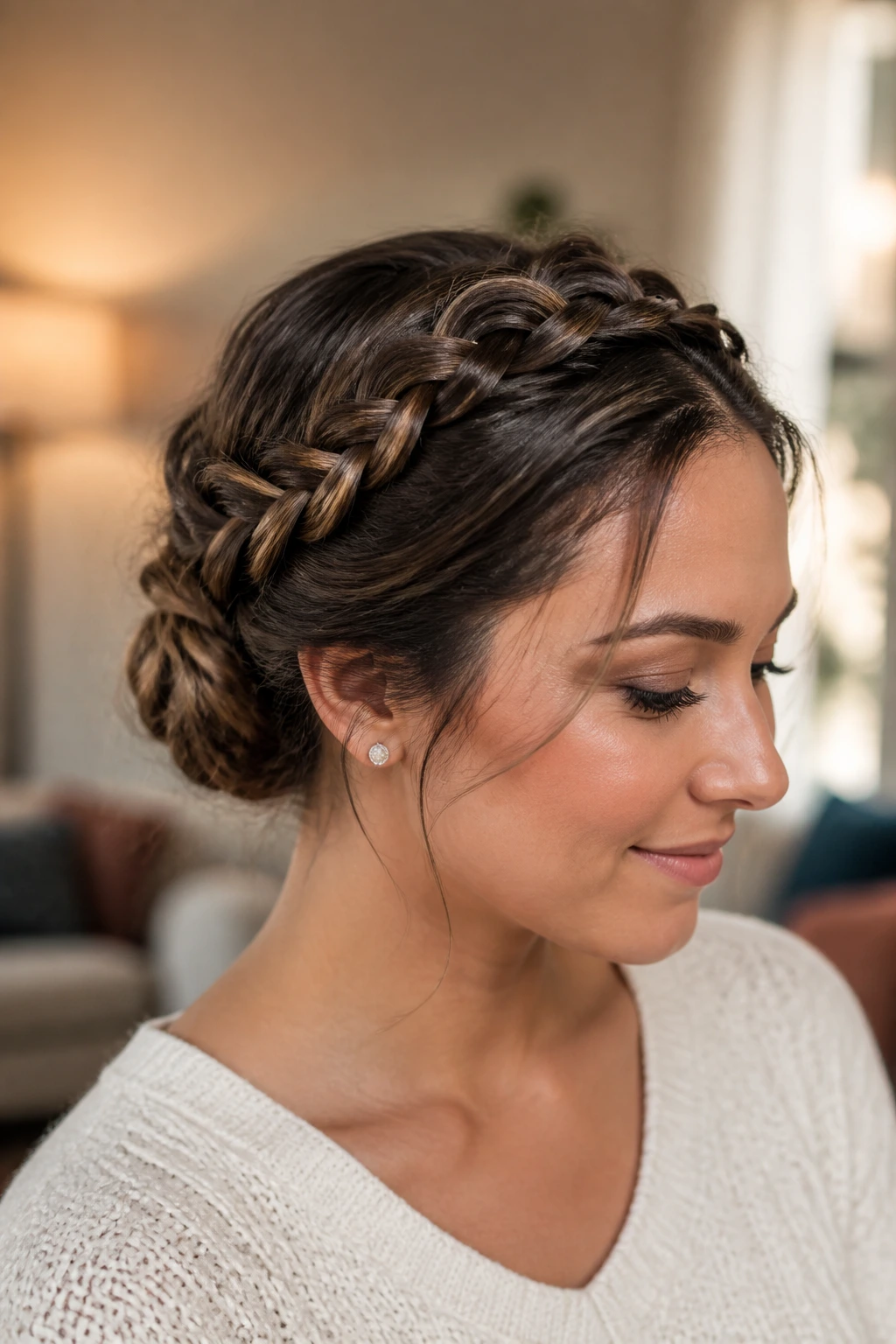 Close-up portrait of a real person with braids crossing the crown tuck under a back bun