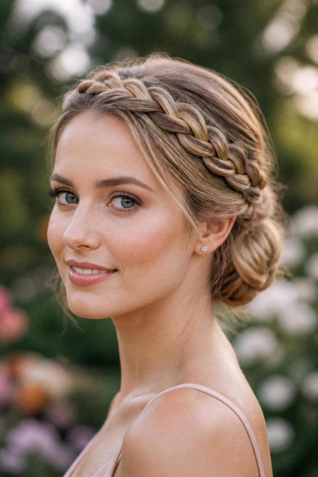 Close-up of a real woman with braided crown and tucked bun