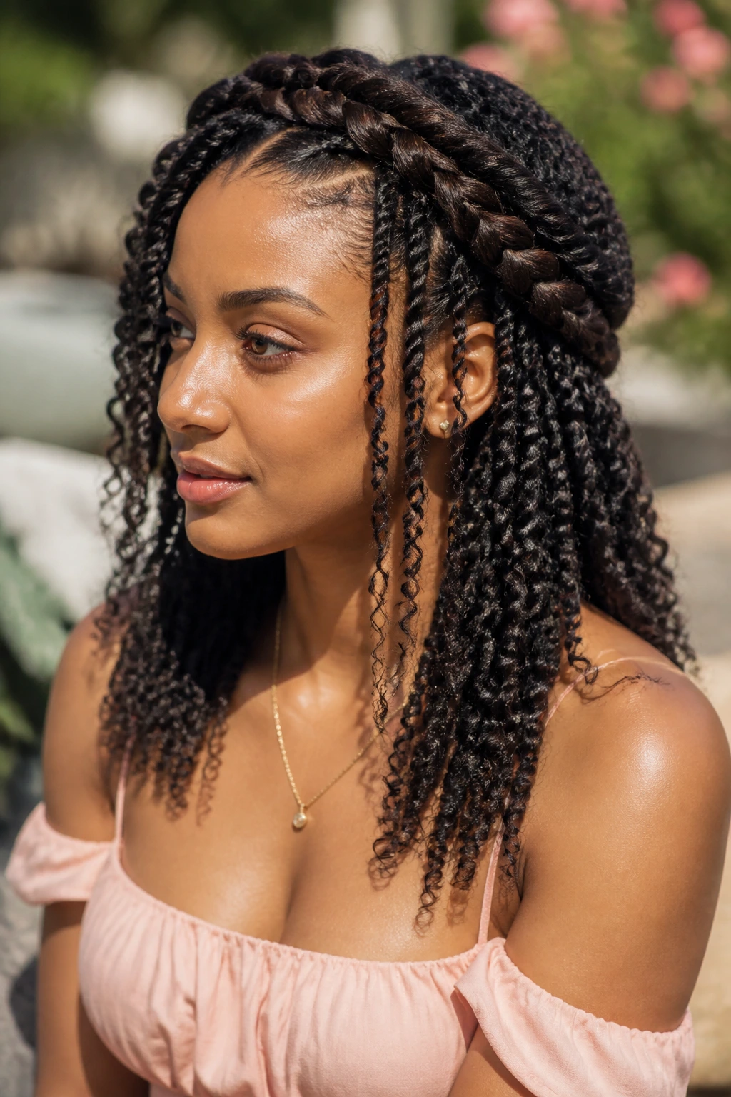 Side-profile close-up of a woman with a braided crown and hanging twists in soft garden light.
