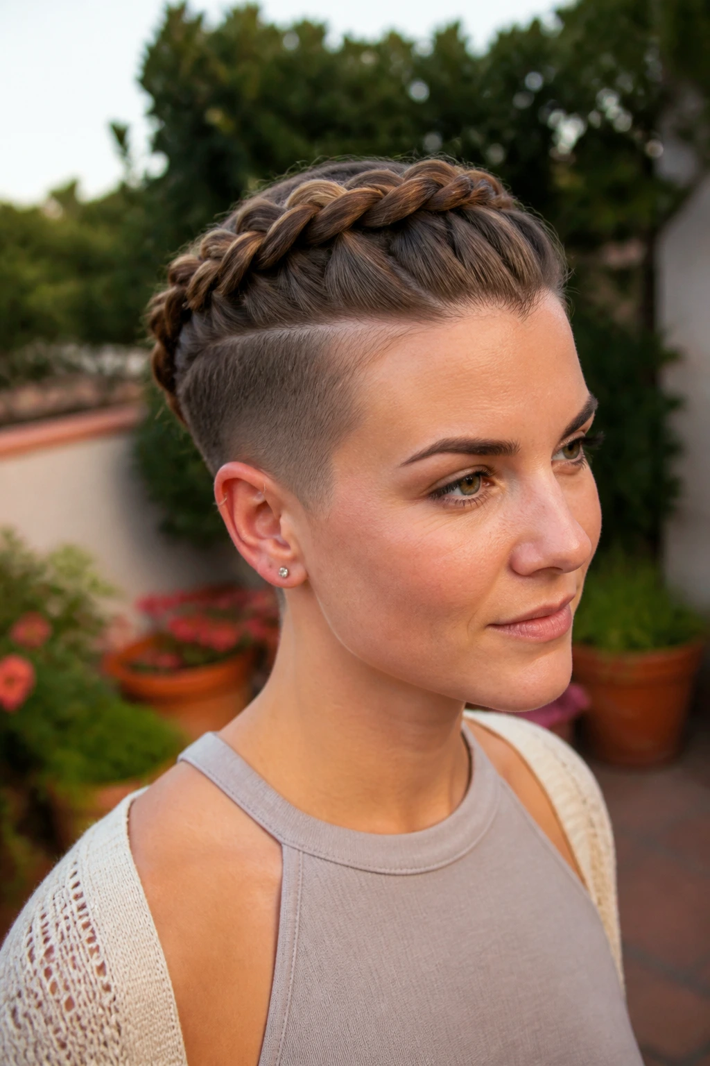 Front-three-quarter portrait of a real person with crown braid and shaved undercut