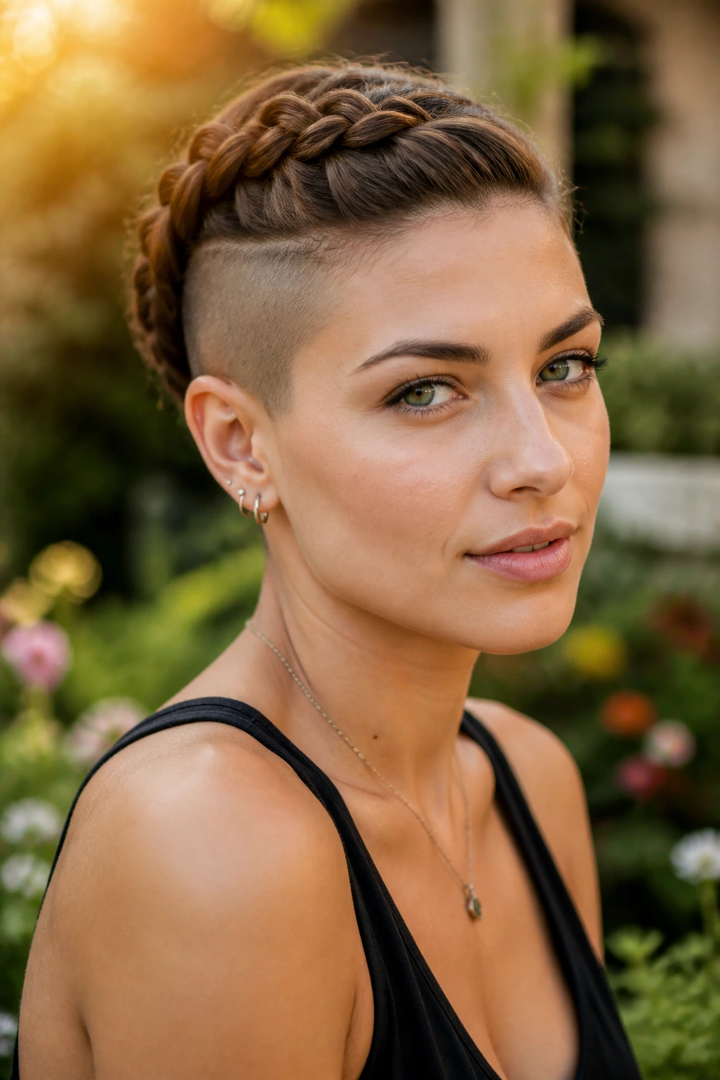Portrait of a woman with braided crown and side undercut