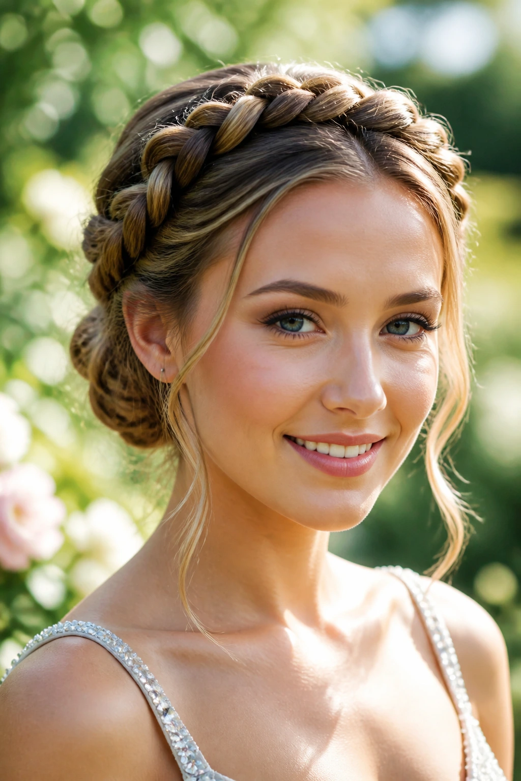 Close-up of a real woman with a braided crown updo in a sunlit garden