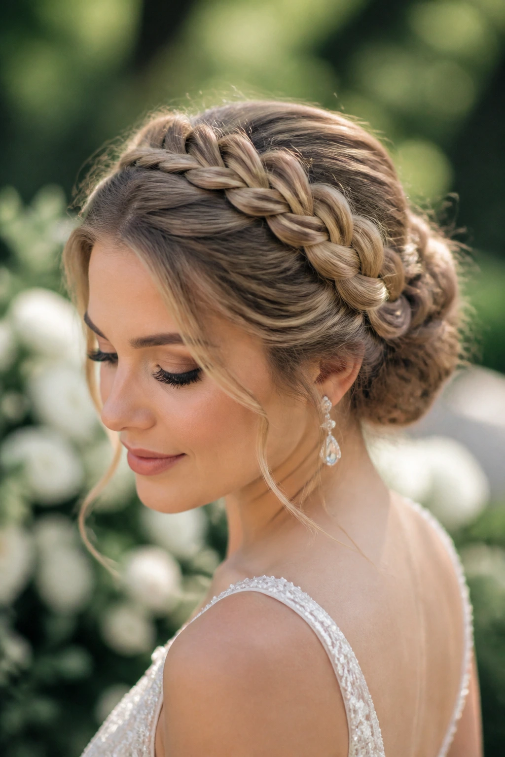 Bride with braided crown updo in outdoor setting