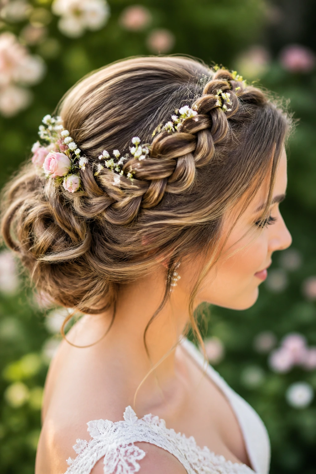 Bride with braided crown updo in garden with small flowers