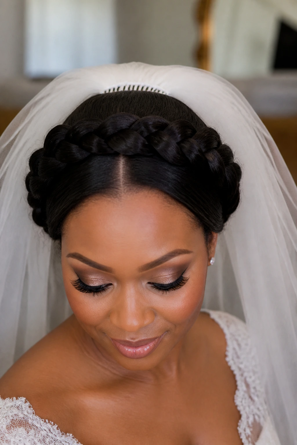 Bride with braided crown and veil-friendly center