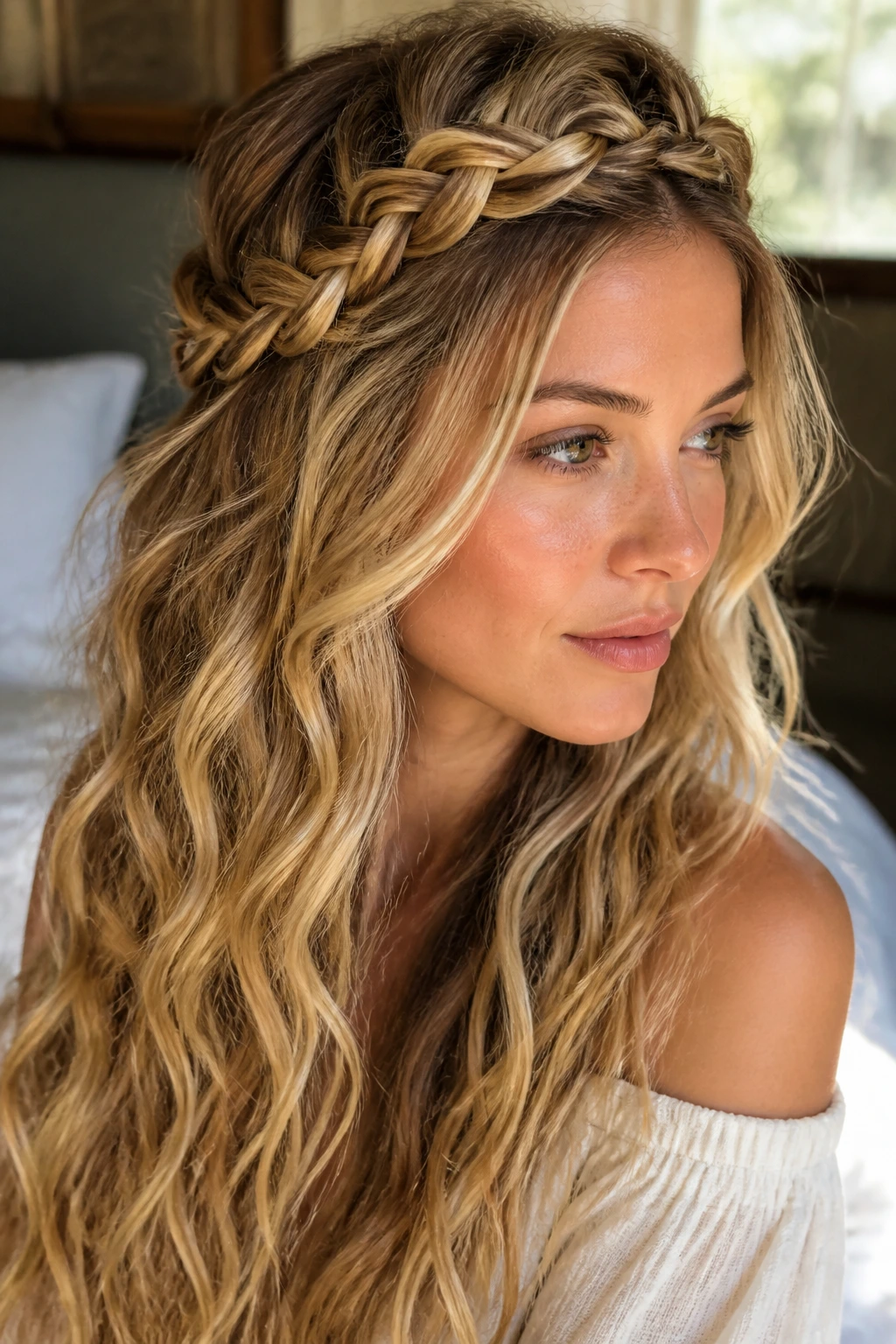 Close-up of a woman wearing a loose braided crown with waves.