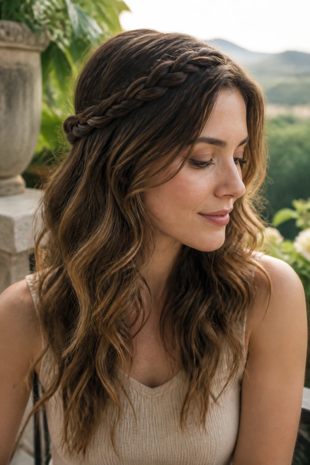 Close-up of a real woman with a braided crown and soft length waves in natural light