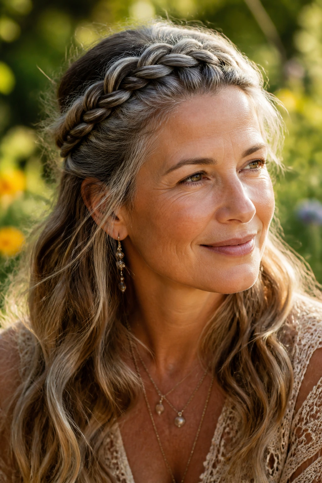 Close-up of a real woman with a braided crown and loose waves