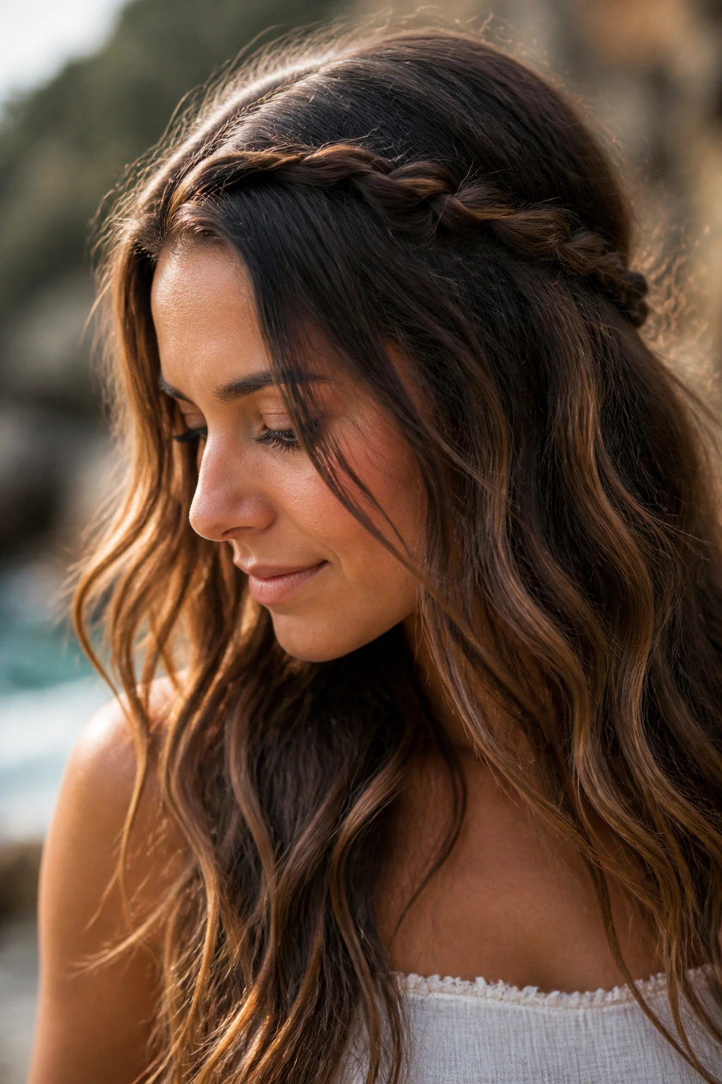 Close-up of a real woman with a braided crown and loose waves