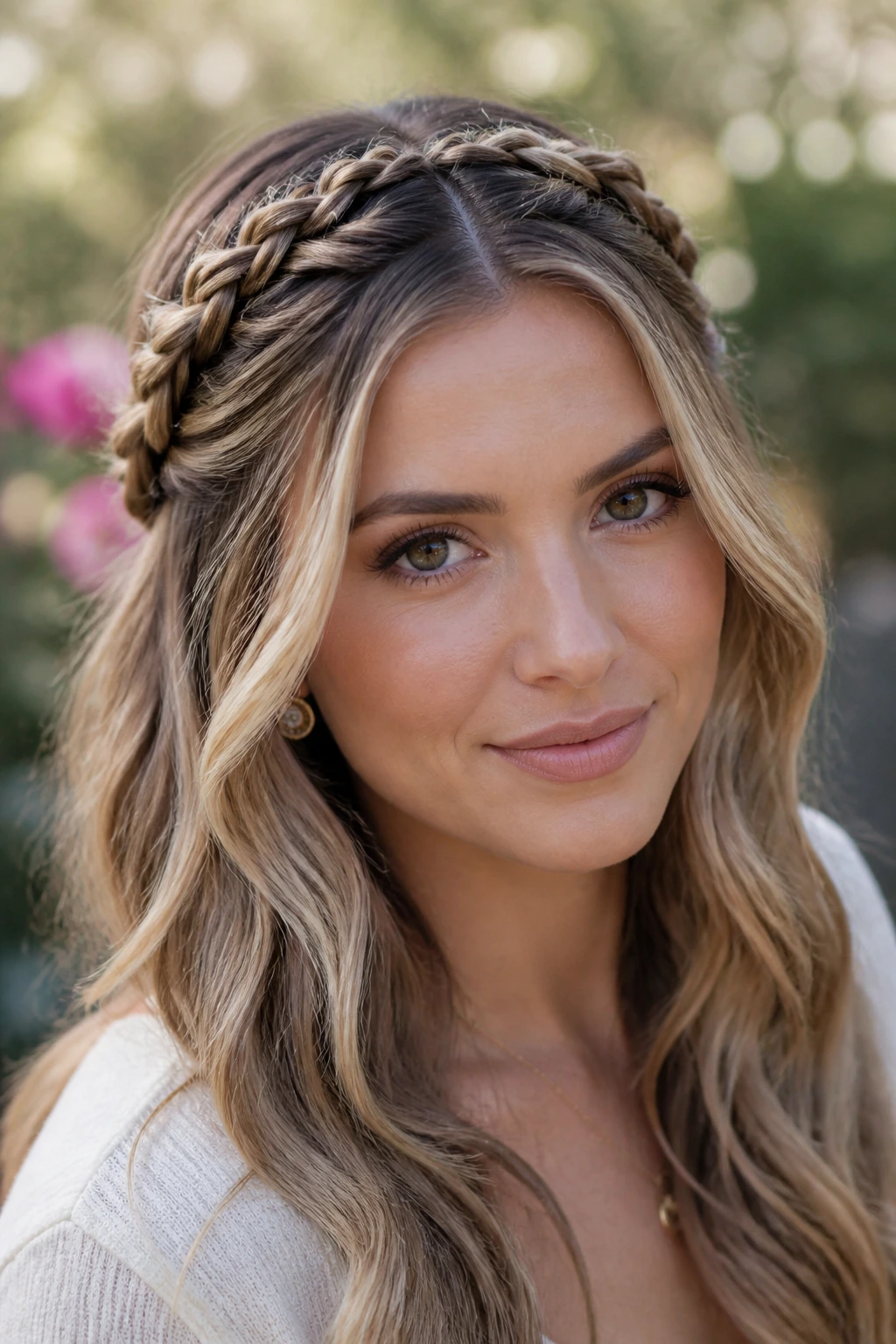 Close-up of real woman with braided crown waves.